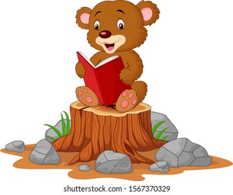 Cute baby bear reading book on tree stump