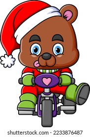 Cute Baby Bear Riding Bicycle and wearing santa costume of illustration