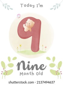Cute baby bear, Baby shower milestone cards 09 month old