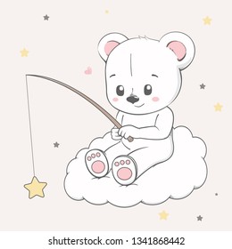 Cute baby bear sit on the cloud and catch stars cartoon hand drawn vecter illustration. Use for Happy birthday invitation card, T-shirt print, baby shower.