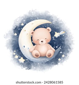 Lindo oso bebé se sienta en la luna