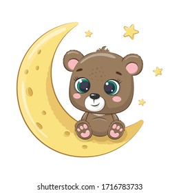 Cute baby bear sitting on the moon. Vector illustration for baby shower, greeting card, party invitation, fashion clothes t-shirt print.