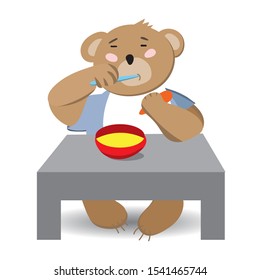 Cute baby bear is sitting at the table and independently eating. Happy little man likes porridge. Concept with character in flat style.