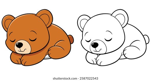 Cute Baby Bear Sleeping Cartoon Isolated Coloring Book For Kids On White Background Printable Outline Vector