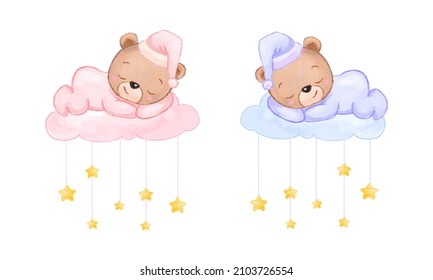 Cute baby bear sleeping in the cloud. Watercolor style vector