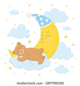 Cute baby bear sleeping on the cloud beside with moon. Can be used for t-shirt print, nursery decorations, baby shower, birthday invitations, poster, greeting card. Vector illustration isolated on a
