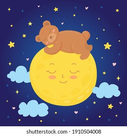 Cute baby bear sleeping on a moon, starry night sky. Cartoon character for invitation, poster, sticker label and greeting card. Childish vector illustration