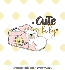 Cute baby bear sleeping on shoes vector illustration. Baby shower card, baby room decor, t-shirt graphics design.