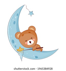 Cute baby bear sleeping on the moon. Vector illustration.