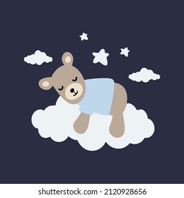  Cute baby bear sleeping on a cloud. Vector illustration. 
