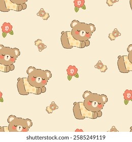 Cute baby bear sleeping with bear toy and flowers on a neutral beige background, kids seamless pattern wallpaper design.