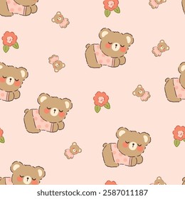 Cute baby bear sleeping with bear toy and flowers on a pastel pink background, kids seamless pattern wallpaper design.