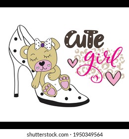 Cute baby bear sleeping in woman shoes vector illustration. T-shirt graphics design for kids. 