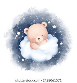 Cute Baby Bear Sleeps on Cloud