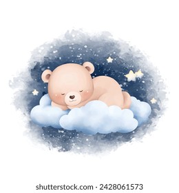 Cute Baby Bear Sleeps on Cloud