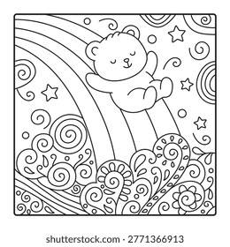 Cute Baby Bear Sliding Down a Decorative Patterned Rainbow Coloring Page - Whimsical Patterns World Adventure
