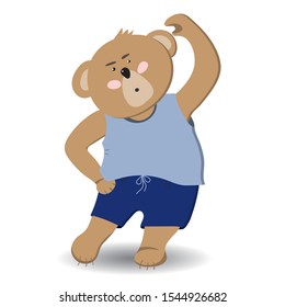 Cute baby bear tilts to the side.  Sports little boy is hard training. Concept with character in flat style.