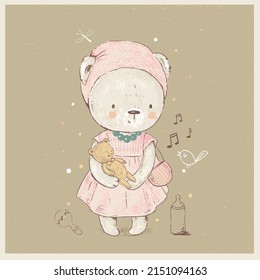 Cute baby bear  with toy. cartoon hand drawn vector illustration. Can be used for baby t-shirt print, fashion print design, kids wear, baby shower celebration, greeting and invitation card.