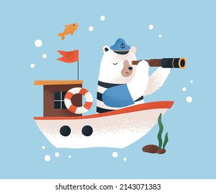 Cute baby bear traveling by ship. Sailor captain explorer with spyglass. Childrens animal character at sea journey, adventure. Fairytale seaman at voyage. Childish colored flat vector illustration