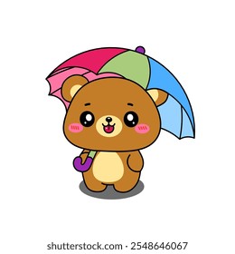 Cute baby bear with umbrella in kawaii style isolated on white