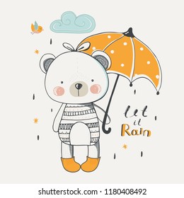 Cute baby Bear with umbrella.cartoon hand drawn vector illustration. Can be used for baby t-shirt print, fashion print design, kids wear, baby shower celebration greeting and invitation card