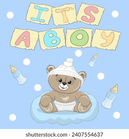 Cute Baby Bear vector illustration. Cute baby boy Cartoon style character. Baby shower card. Perfect illustration for t-shirt wear fashion print design, greeting card, baby shower, party invitation