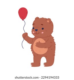 Cute baby bear walking with red balloon. Funny wild forest brown animal character cartoon vector illustration