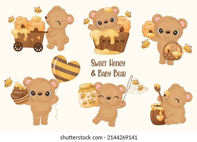 Cute baby bear in watercolor illustration