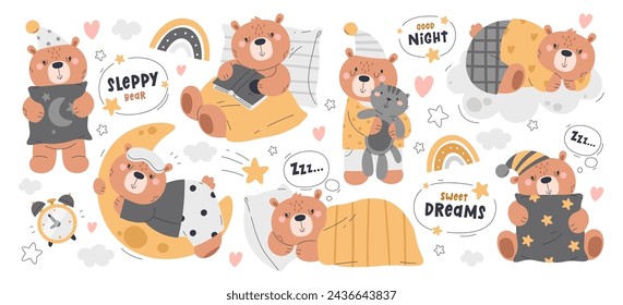 Lindo bebé osos personajes de dibujos animados que usan pijamas de noche durmiendo teniendo dulces sueños en la luna creciente o en la cama vector conjunto de ilustración. Divertido peluche de bosque salvaje animal ilustración vectorial