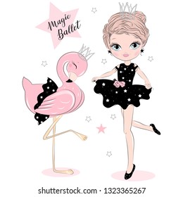 Cute Baby beautiful Balerina Girl and Ballerina Flamingo , lovely, little ballerina girls with black. Vector Flowers illustration