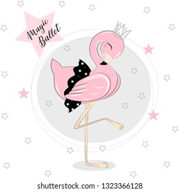 Bebé hermosa Balerina Chica y Ballerina Flamingo, encantadoras, pequeñas bailarinas con negro. Ilustración Vector Flowers