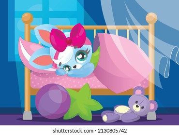 A cute baby bed for newborns with a little hare girl who lies and gets ready for bed. Lullaby with soft fluffy pillows and toys around. Night children's room. Gentle children's illustration.