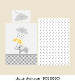 Cute baby bedsheet pattern - elephant with orange umbrella under rainy cloud