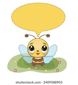 Cute baby bee with bubble speech isolated on white. Baby bee vector illustration