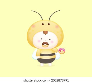 Cute baby in bee costume eating donut vector illustration. Mascot cartoon illustration Premium Vector