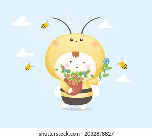 Cute baby in bee costume playing with little bee. Mascot cartoon illustration Premium Vector