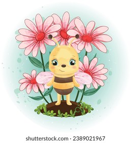 Cute Baby Bee with Flower Vector Watercolor