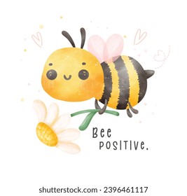 Cute baby bee flying and flower watercolor cartoon character hand painting illustration vector. Bee positive.