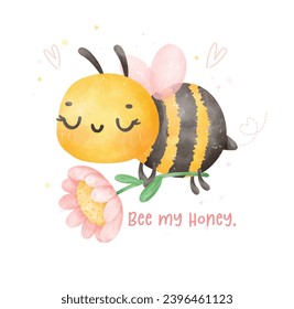 Cute baby bee flying and flower watercolor cartoon character hand painting illustration vector.