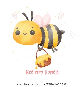 Cute baby bee flying with honey bakset watercolor cartoon character hand painting illustration vector.