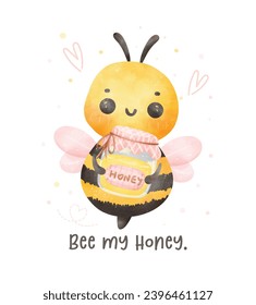 Cute baby bee with honey jar watercolor cartoon character hand painting illustration vector.