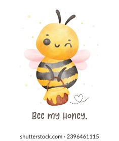 Abeja pequeña con color de agua miel caricatura personaje de pintura de mano vector de ilustración.