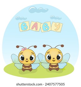 Cute baby bee vector character. Baby bee, baby shower illustration