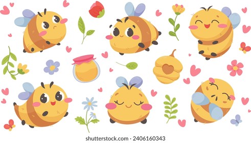 Cute baby bees, bumblebees with different emotions, branches and flowers. Cheerful, sad, sleeping bee. Vector illustration in flat cartoon style for children and toddlers