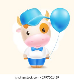 Cute baby bell sitting and smiling. Little cow   with blue cap on a soft pastel cloud. 2021 Chinese symbol. Cartoon sweet style. Vector illustration