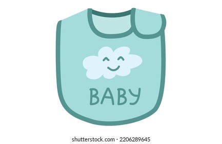 Cute baby bib clipart. Simple cute green bib for baby feeding flat vector illustration. Baby apron or bib with happy smile cloud character cartoon hand drawn. Kids, baby shower, nursery decoration