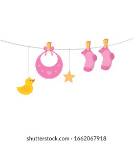 cute baby bib with socks hanging vector illustration design