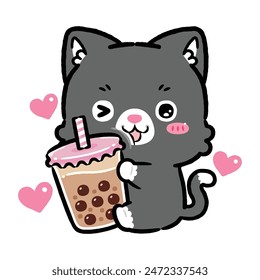 Cute Baby Bicolor Cat Hugging Bubble Milk Tea. Kawaii Style Cartoon