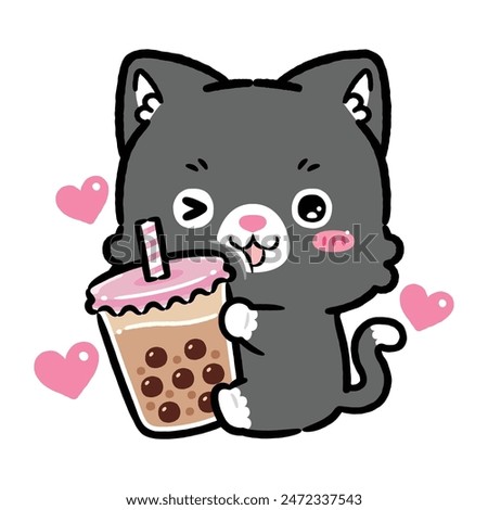 Cute Baby Bicolor Cat Hugging Bubble Milk Tea. Kawaii Style Cartoon
