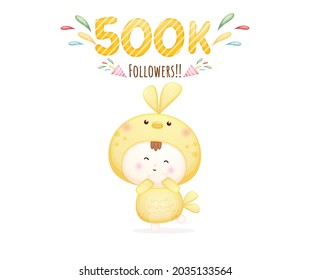 Cute baby in bird costume with celebrate follower text Premium Vector